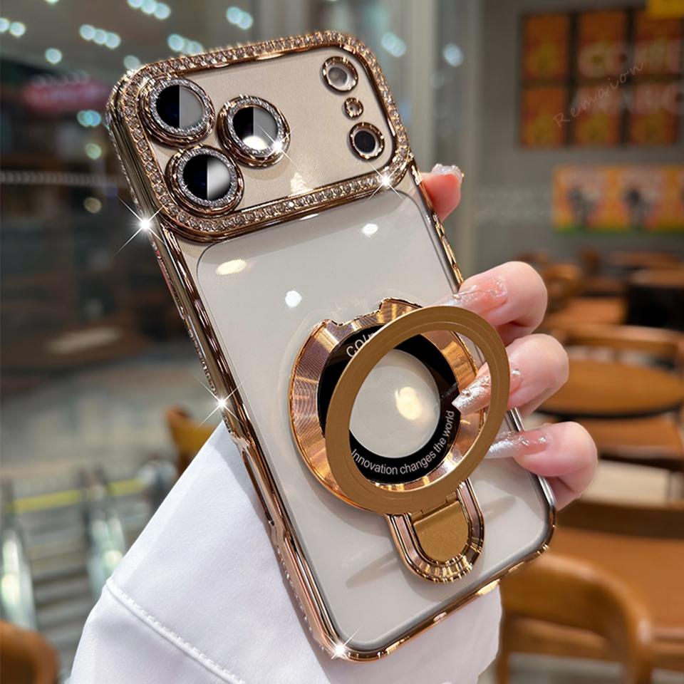 Magnetic Diamond Stand Case For iPhone 17 Air 16E 15 14 Plus 13 11 12 16 17 Pro Max Magsafe Bling Bling Glitter Protector Cover