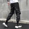Men Cargo Pants Hip Hop Style Individual Straight Leg Strap Decor Solid Color Deep Crotch Loose Streetwear Elastic Waist Ankle-banded Men Trousers