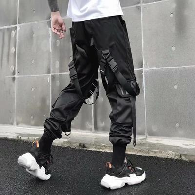 Pantalon Cargo pour hommes, Style Hip Hop, sangle de jambe droite individuelle, décor, couleur unie, entrejambe profond, ample, Streetwear, taille élastique, bande à la cheville pour hommes