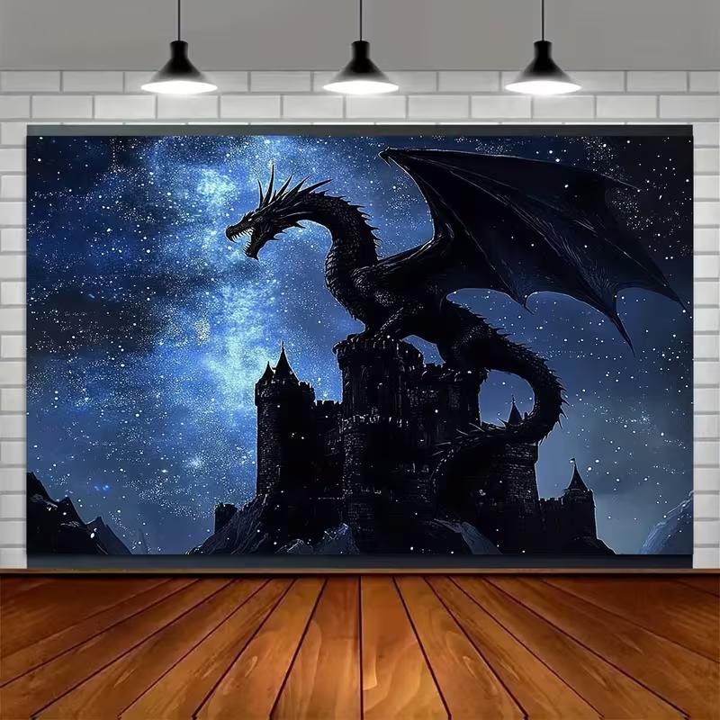 2D Schwarz-Drachenburg Wandteppich, Mittelalterliche Burg mit Drachen und Sternenhimmel