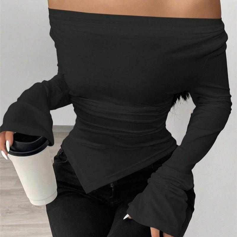 Women's Spring and Summer V-neck Strapless Two Wear Design Sense Slim Pleated Irregular Long-sleeved T-shirt