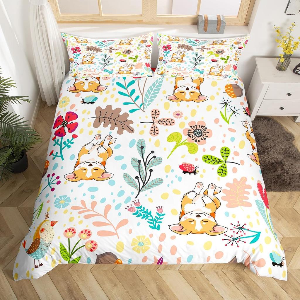 Comforter Cartoon Lion Kids Jungle Botanical Comforter Floral Zoo Animal Bedding Set Woodland Leaves Flowers