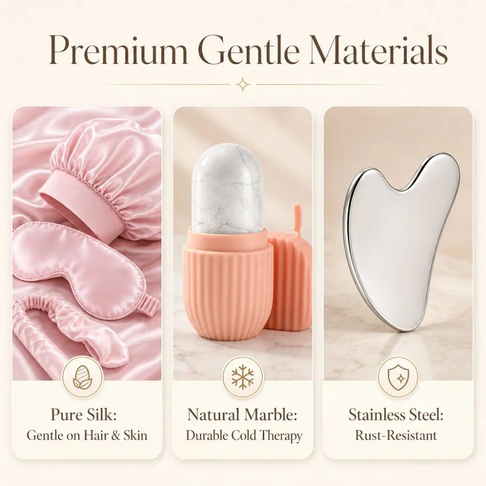 3/4/5/9Pcs Silk Sleep Set Eye Mask Satin Bonnet Memory Foam Pillow Gua Sha Ice Roller Face Massager Women Gift Style Accessories
