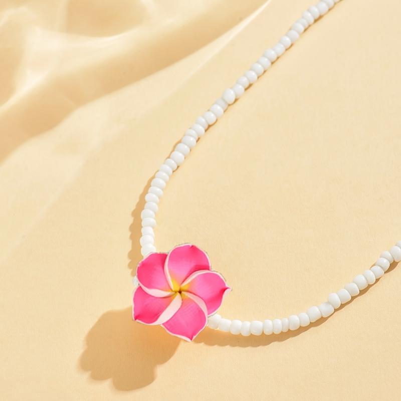 1pc Beaded Necklace for Women White Beads with Pink Floral Accent, Perfect for Daily Wear & Beach Vacations, Vacation Jewelry