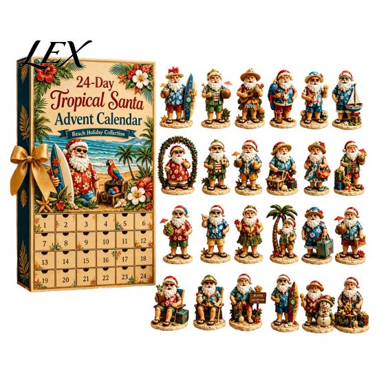 Creative Christmas Countdown 2026 Summer Beach Santa Advent Calendar, 24-Day Acrylic Ornament Set with Holiday Box Surfing Figures, Tropical