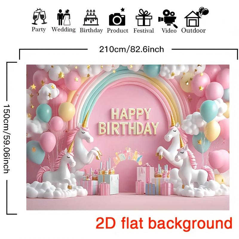 1 rainbow and unicorn birthday party background with pale pink balloons  clouds and gift boxes