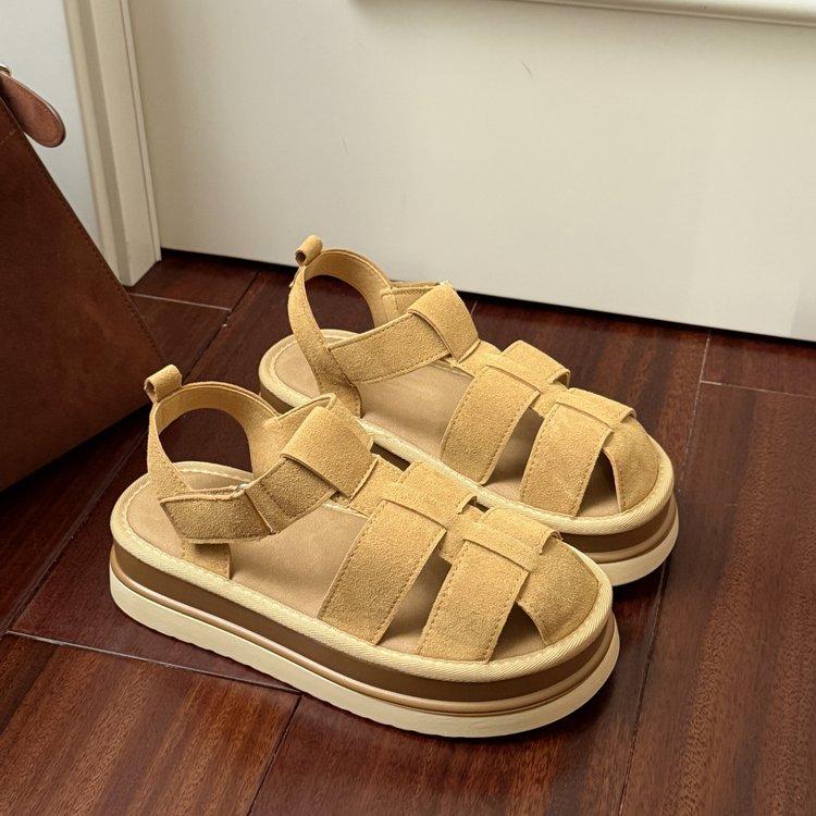 Small leather platform Roman sandals women's 2025 summer Velcro heightening lightweight woven pig cage beach shoes