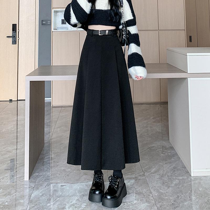 2025 Autumn/Winter Women's High-Waist Grey Wool Pleated Mid-Length A-Line Skirt