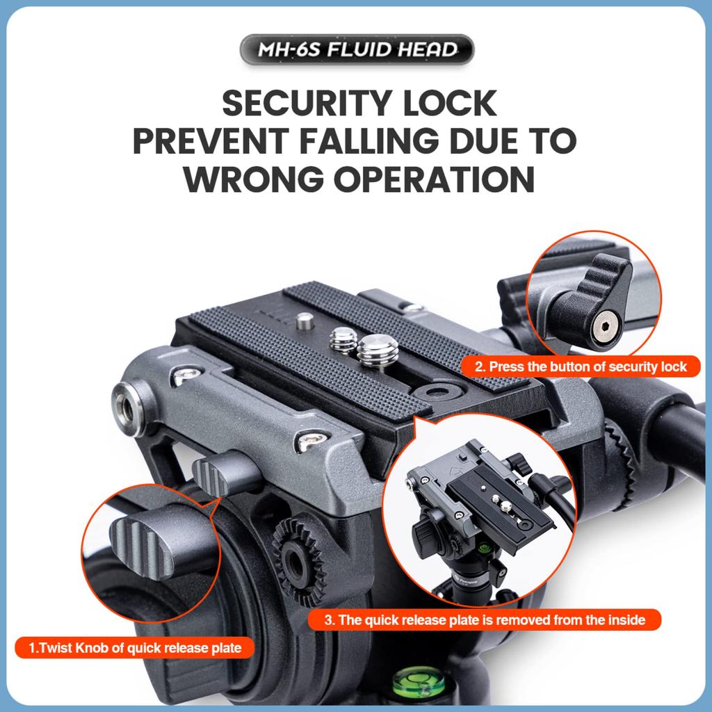 Fotopro Panoramic Fluid Head Drag Pan Head Video Camera Tripod with QR Plate for Vlogging and Live Streaming Video Shooting (MH-6S)