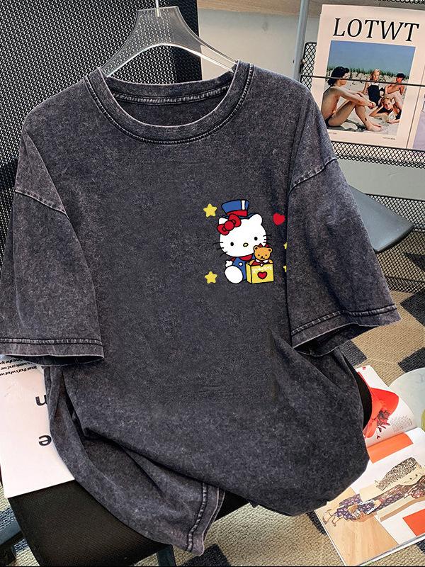 Women's Summer Retro Monster Print Cotton T-Shirt - Short Sleeve, Loose Fit, Trendy Distressed Streetwear