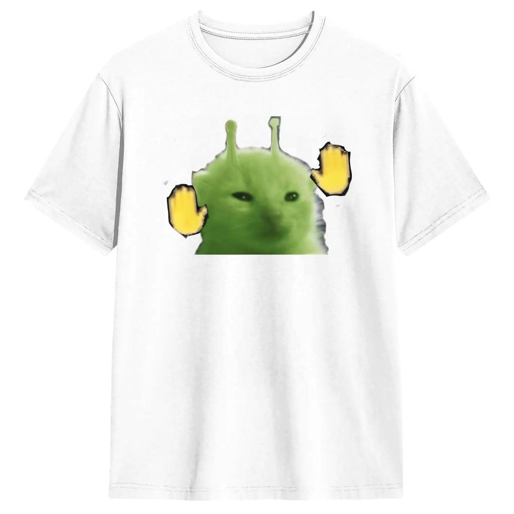 Green Alien Cat Meme T Shirt Unisexs Cotton Funny TShirts Crewneck Tee Shirt Short Sleeve Clothes Summer