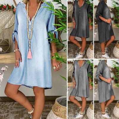 Damen Sommer Casual V-Ausschnitt Denim Lange Partykleider Kurzarm Swing Kleid