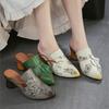 Johnature Vintage Genuine Leather Handmade Flower High Heel Slippers Pointed Toe Women's Shoes