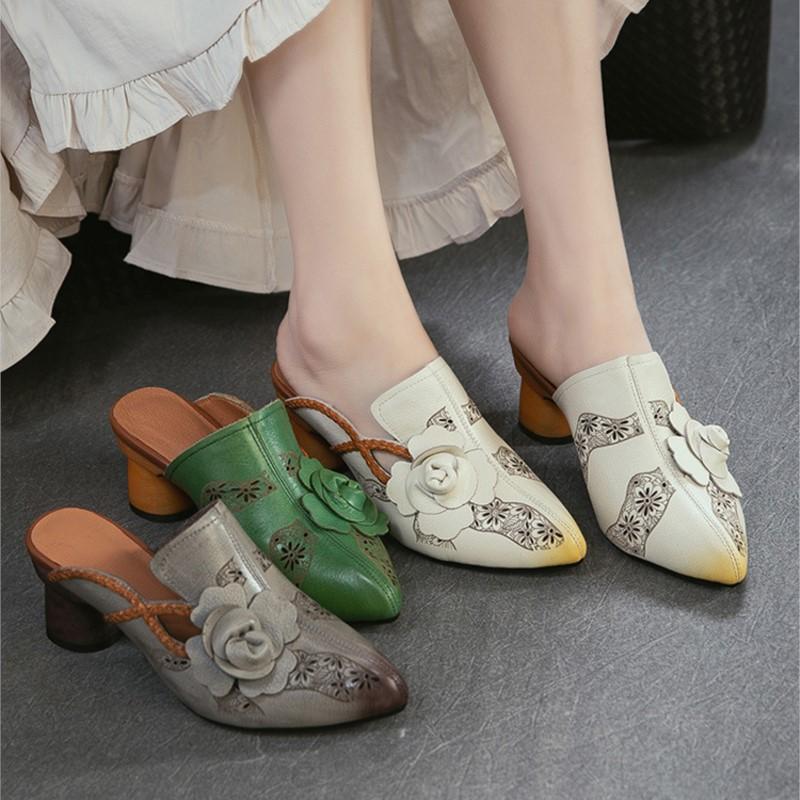 Johnature Vintage Genuine Leather Handmade Flower High Heel Slippers Pointed Toe Women's Shoes