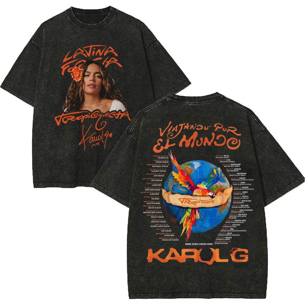 Vintage Spłowiałe Koszulki Karol G Tropicoqueta Tour 2026 Mężczyźni Kobiety Moda Pop Muzyka Koszulka Letnia Codzienna Luźna Bawełniana Koszulka