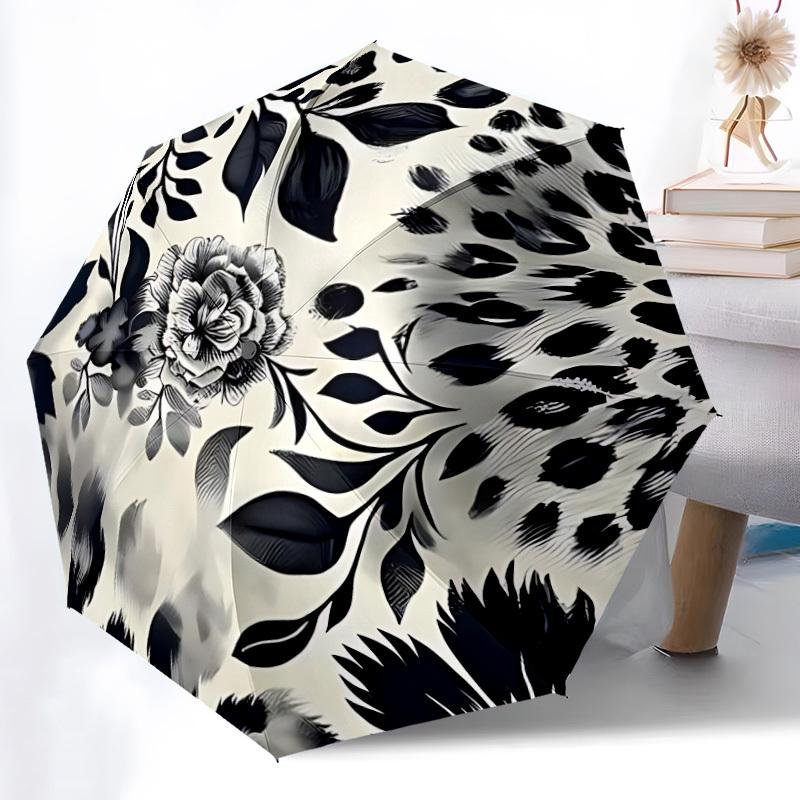 1pc Leopard Floral Automatic Folding Umbrella with 8-Rib Windproof Design, Portable Foldable Sunshade Umbrella For Halloween 009