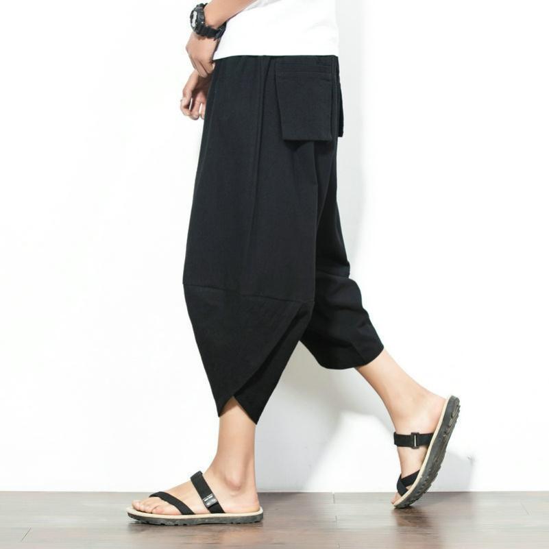 Summer Linen Cropped Pants Men s Solid Color Casual Loose Large Size Cotton and Linen Wide-leg Harem Pants S