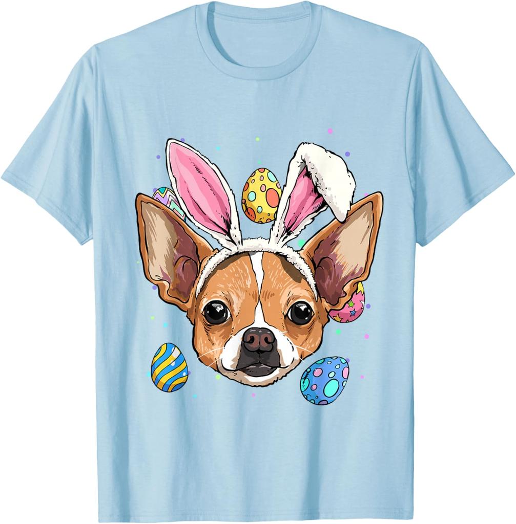 Osterhase Chihuahua Hund Grafik T-Shirt Lässiges Baumwoll Print Kurzarm T-Shirt für Herren