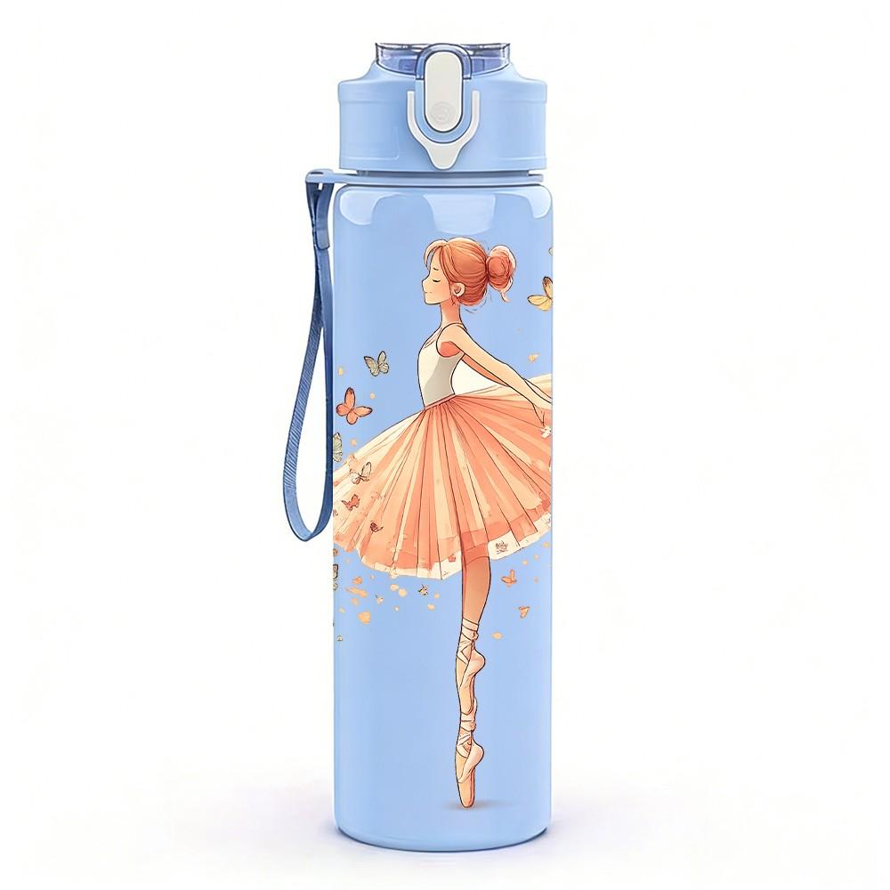 1PC Delicate Pink Ballerina Dancer Print 750ml Color Plastic Sports Water Bottle Leakproof Flip Straw Lid Suitable for Sports Office Home Use