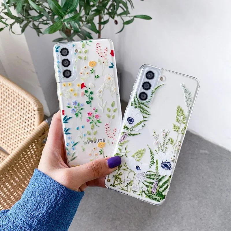 Süße handbemalte Handyhülle mit Blumen für Samsung S25 S24 S22 S21 FE Ultra Klare Silikonhüllen für Samsung Galaxy S23 Plus Ultra Hülle