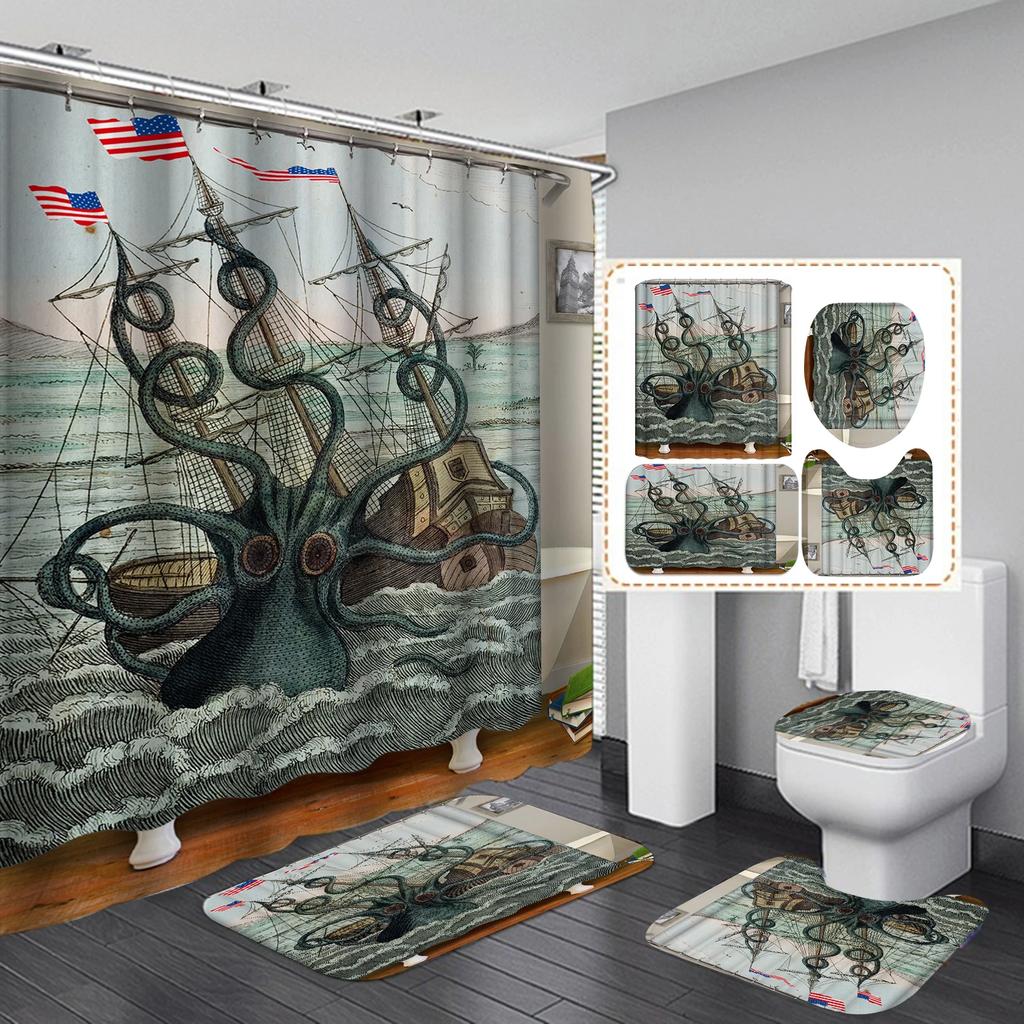 Ocean Monster Octopus Print Shower Curtain Set Waterproof Bathroom Curtain Set With Rugs Toilet Cover Mat For Bathroom Decor