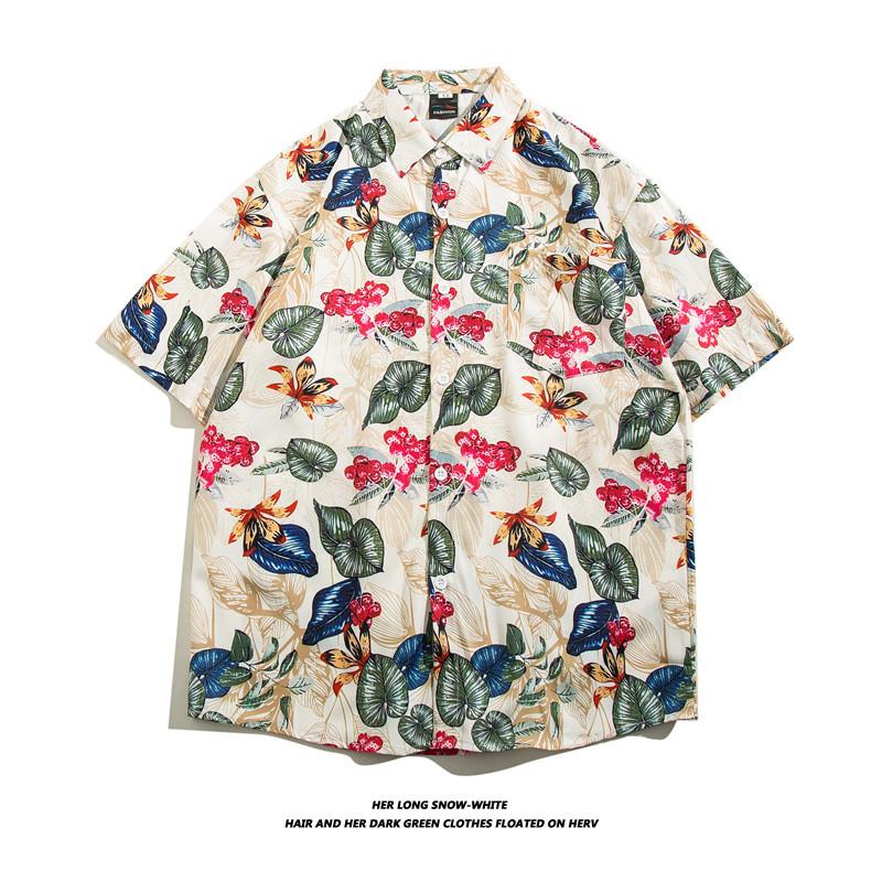 Hong Kong style short-sleeve shirt for men and women, couple's style, loose-fitting summer Hawaiian beach floral shirt