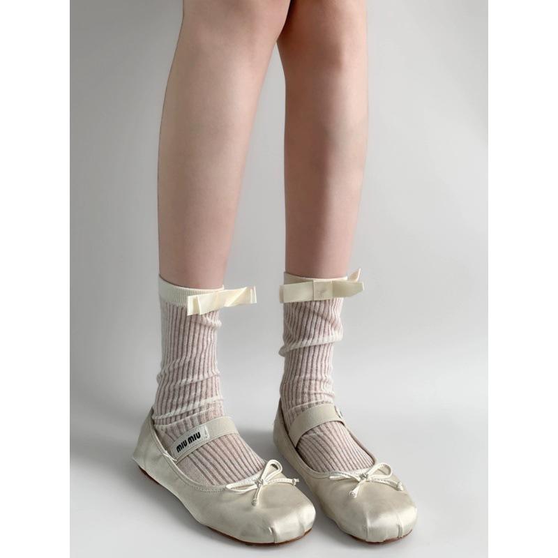 

Women s Summer Bow-Accent Striped Slouch Socks - Breathable Mid-Calf Ballet Style One Size белый