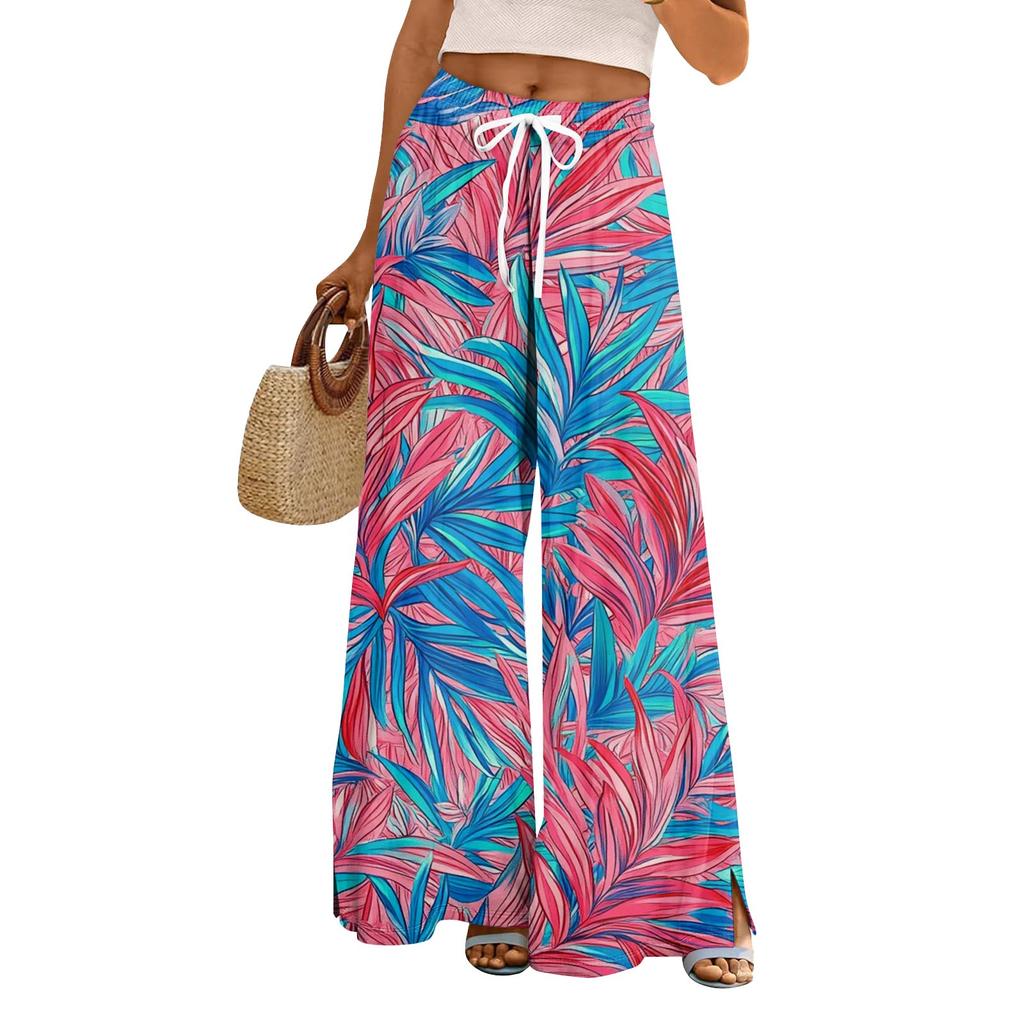 Women's Loose Casual Floral Print Wide Leg Pants With Elastic Waist Drawstring And Pocket Pants