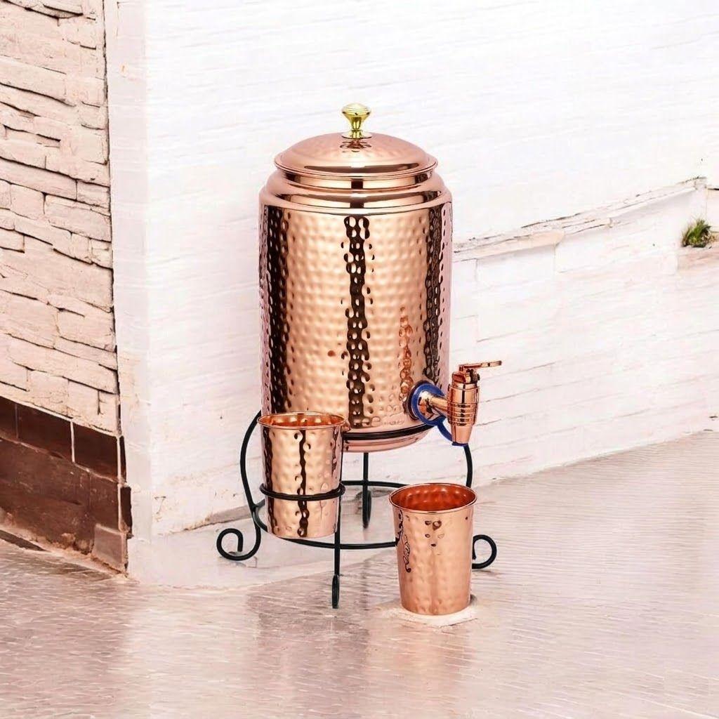 Copper Water Dispenser Set, 5 Litres, with Stand, 2 Glasses and ABS Tap, HaMmered Design (HaMmered Natura)