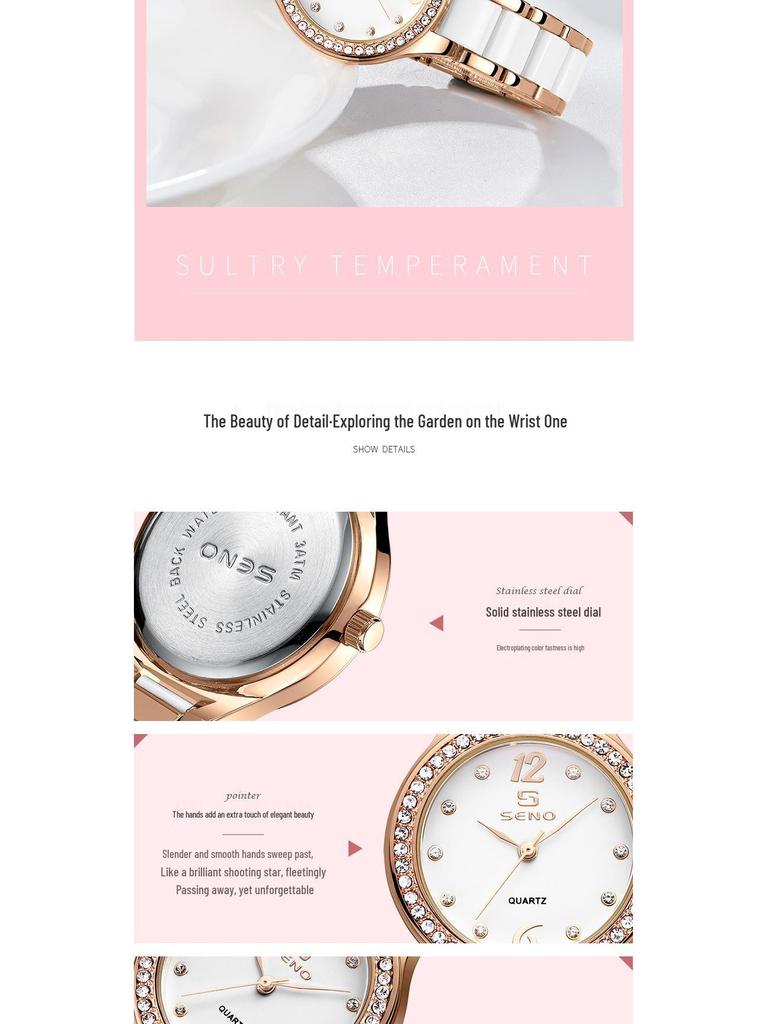 Chenno Keramik Damen Quarzuhr mit Diamanten - Modisch, Wasserdicht