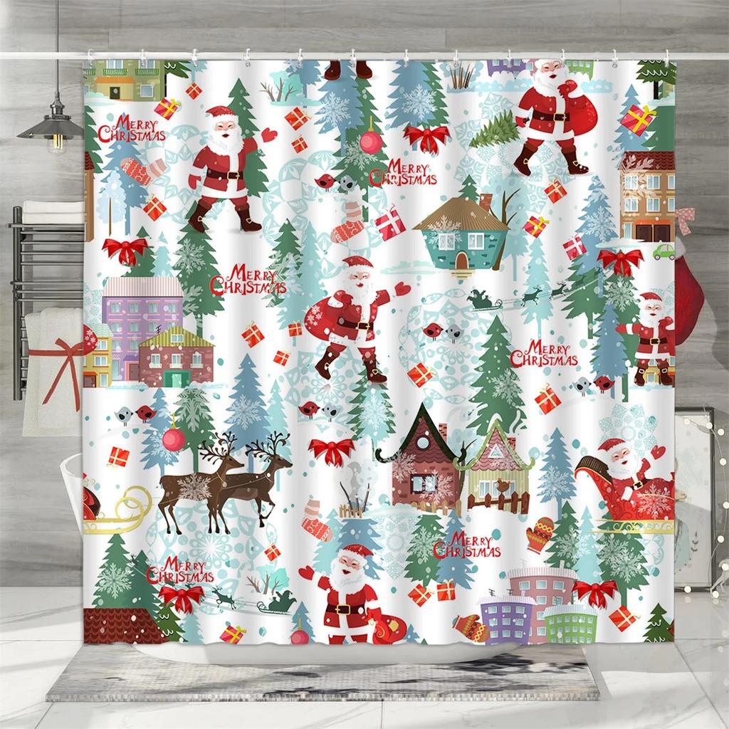 unframed Christmas Shower Curtain, Winter Snowman Father Christmas Farmhouse Truck Snowflake Christmas Tree Red Bird Bathroom De