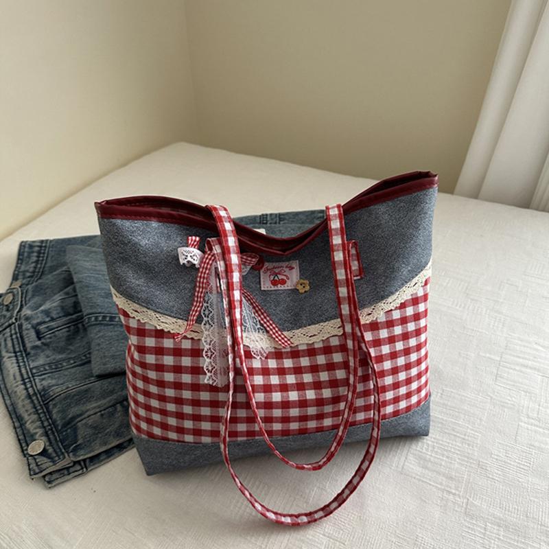 

Yogodlns New Simple Style Women s Bag Retro Lattice Casual Plaid Underarm Bag Fashionable Sweet Bowknot Large Capacity Shoulder Totes 30x9.5x26cm синій