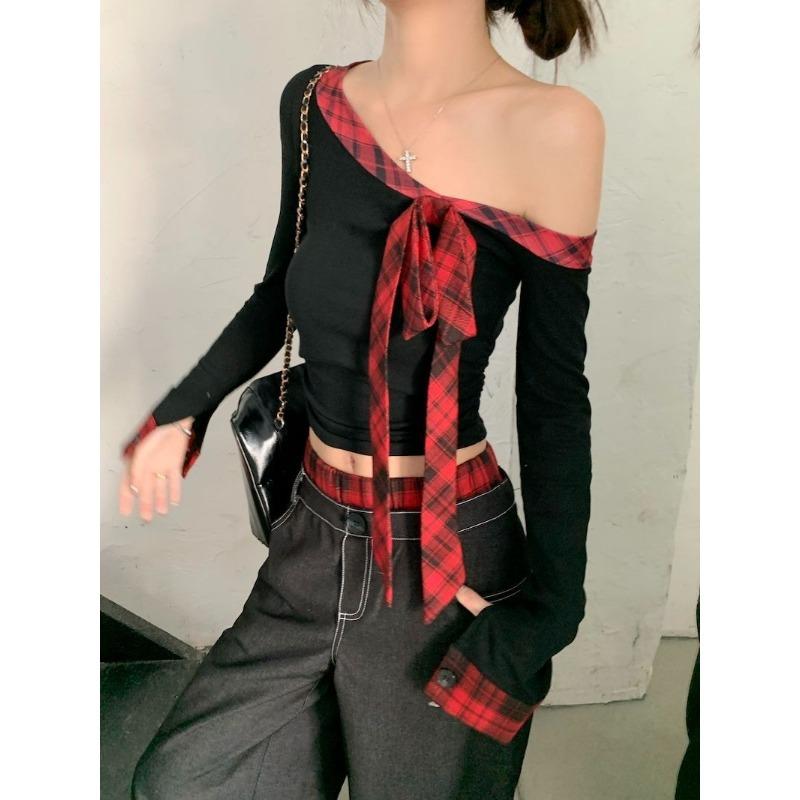 Black Off Shoulder Spliced Long Sleeve T Shirt For Women Spring And Autumn Slim Fitting Short Top