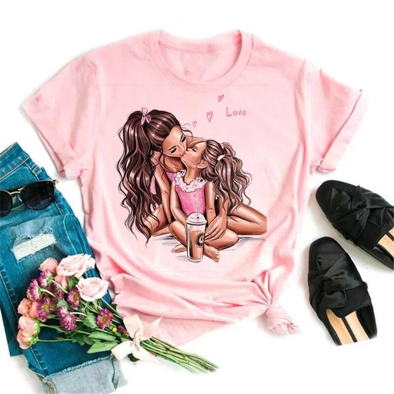 Maycaur Women T Shirt Cartoon Mom with Sons Shirt Fashion Print Casual Woman Tee Ladies Female T-shirt Short Sleeve T Top Shirt