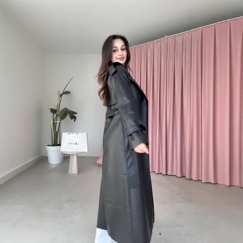 2025 cross-border European and American women's clothing Amazon fashion waist long pu leather coat feeling leather trench coat set