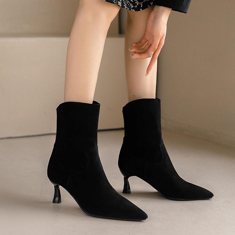 Women's high-heeled short boots spring and autumn pointed-toed thin-heeled simple large-size short boots