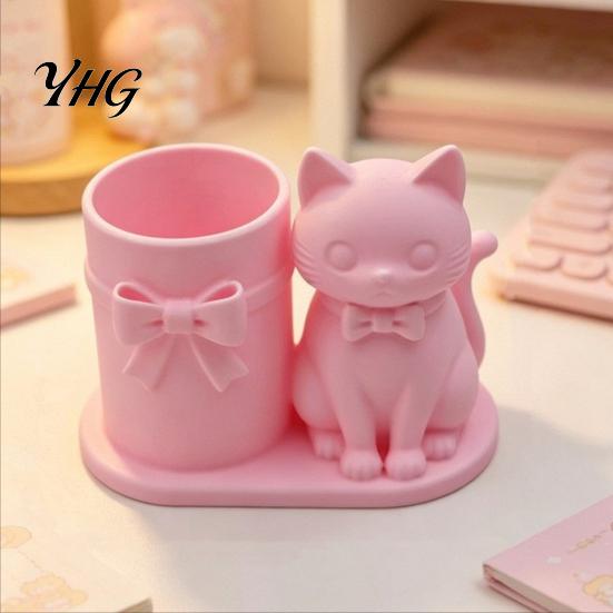 Minimalist Brush Holder 3D Print Cat Pen Holder, Matte PLA Pencil And Makeup Office Desk Organizer Storage Container, Stable Wide Base Bow Design Art
