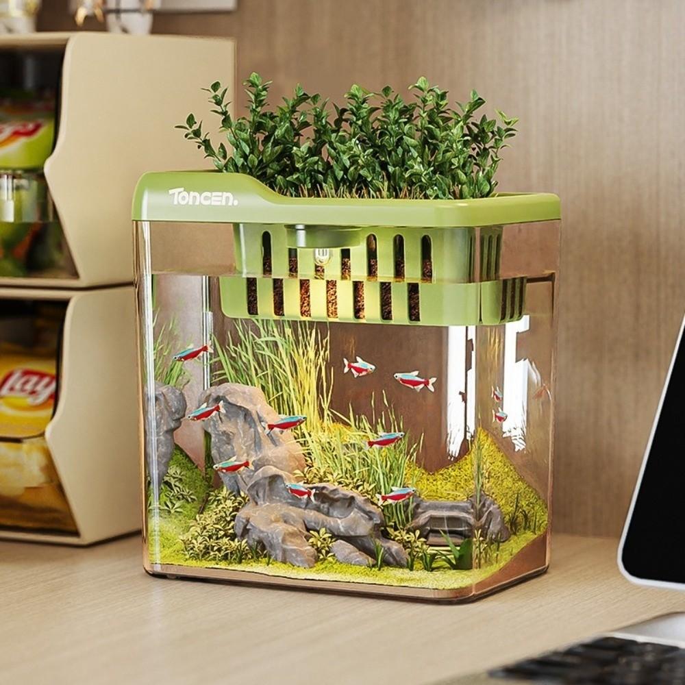 Nytt 2-i-1 Akvarium med Lokk og Lys Gjennomsiktig Fiskekar Multifunksjonell PET ABS Hydroponisk Tank Hjemmebruk