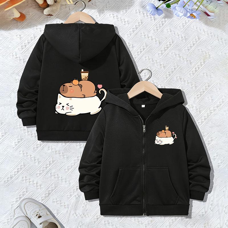 Hoodie Capybara Jacket Kids Boys Girls Zipper Autumn Trendy Animal Cartoon Sweatshirts