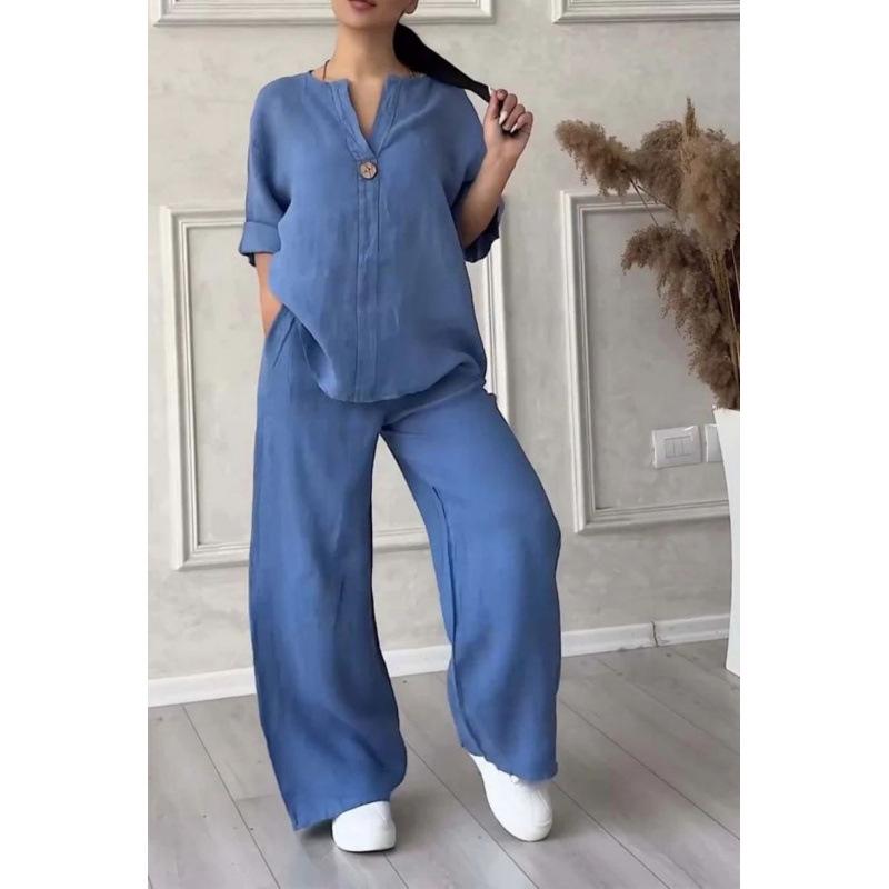 

Европейский и американский летний модный женский комплект из хлопка и льна с V-образным вырезом и длинными рукавами на 2025 год 3XL