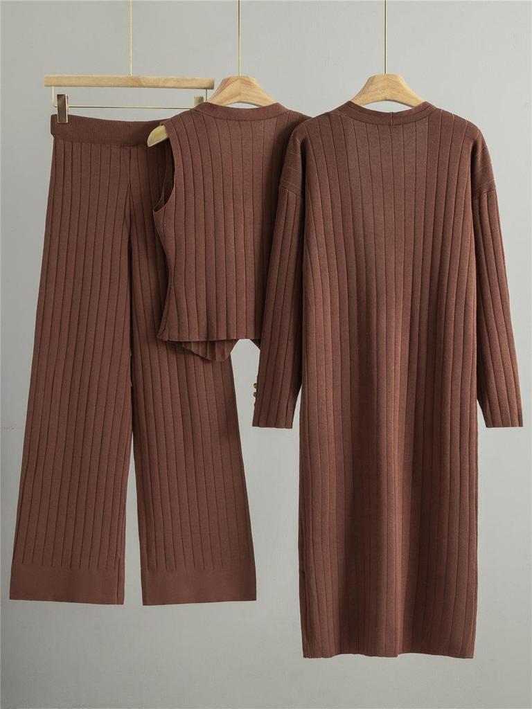 2026 Spring/Fall Elegant Knit Three-Piece Set: Long Cardigan Coat, Single-Breasted Vest, Wide-Leg Pants