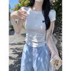 Korean Solid Color Round Neck Age-reducing Front Shoulder Waist Pleats Embroidered Summer Short-sleeved T-shirt Slim-fitting and Thin Short Top