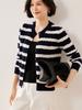 Women's Navy Style Pure Wool Color Block Stripe Cardigan Sweater