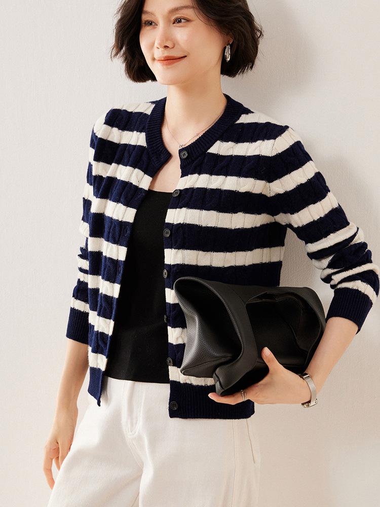 Women's Navy Style Pure Wool Color Block Stripe Cardigan Sweater