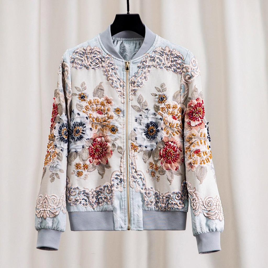 European Station Spring and Autumn Versatile Baseball Uniform Women's Jacquard Three-dimensional Relief Flower Heavy Industry Bead Short Jacket Top