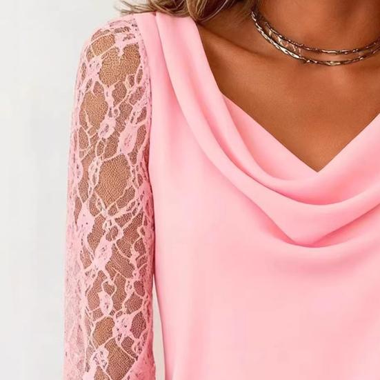 Women T-shirt Swing Collar Lace Splicing Long Sleeve Pullover Tops Pure Color Anti-Wrinkle Breathable