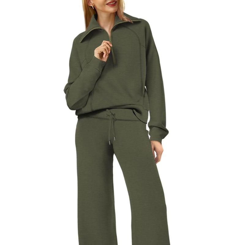 Lässiges Swear Set für Damen für Frühling/Herbst, Reißverschluss Langarm-Sweatshirt und Weitbeinige Hose 2-teiliges Set