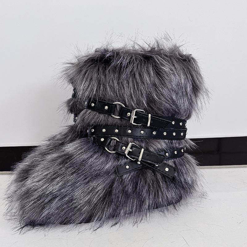 Damen Winterimitat Fuchsfell Stiefel Gürtel Punk Europäisch und Amerikanisch hoher Schaft 40 langer Schaft Schneestiefel Schuhe