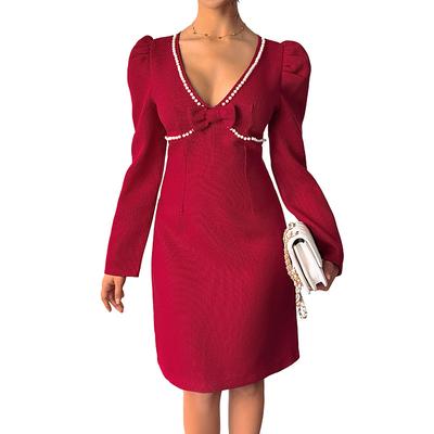 New Sexy, Sweet and Retro Bow Pearl Decorated Deep V-neck Dress