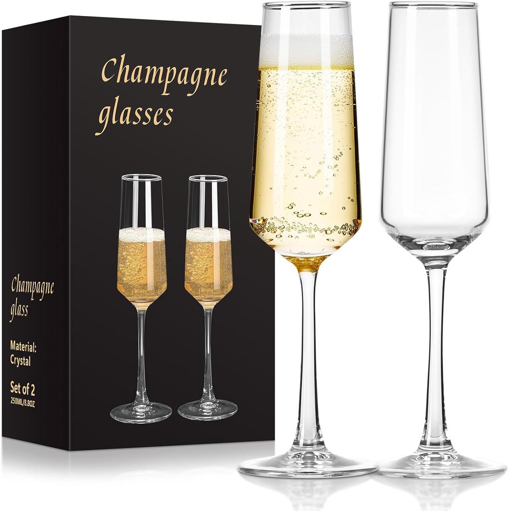 Champagnergläser Set mit 2 Stück, 250 ml, Elegante hohe Gläser für Hochzeiten, Geburtstage, Jubiläen